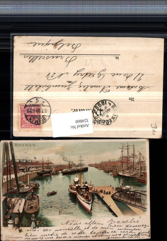 324860,Litho Bremen Freihafen Hafen Dampfer Segelschiffe