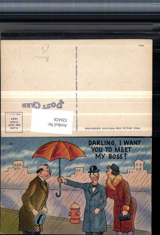 326428, Artist AK Joke Humor Couple Man with Glasses Umbrella Rain Saying