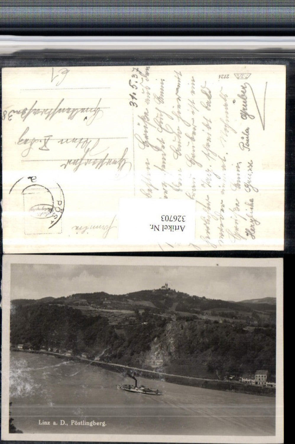 326703, Linz on the Danube, view towards the Pöstlingberg, steamboat