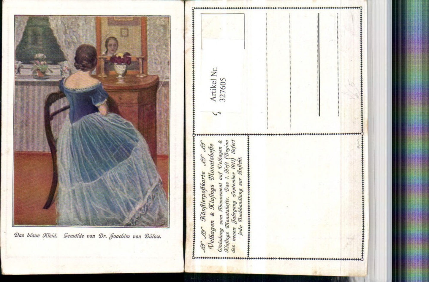 327605,Künstler AK Joachim von Bülow Das blaue Kleid Frau Spiegel pub Velhagen & Klasings