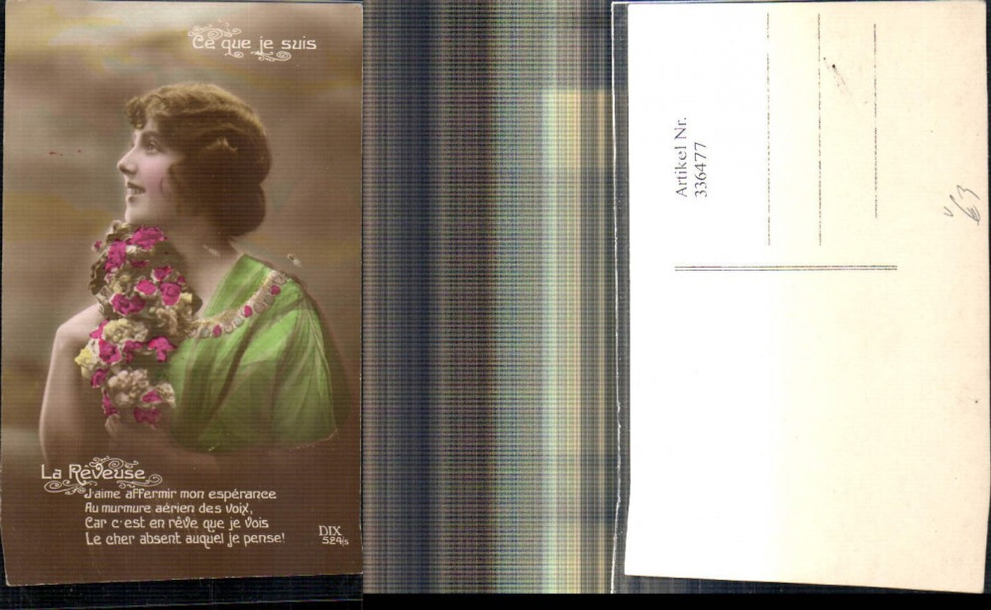 336477,Frau m. Rosen Blumen La Reveuse Spruch Text pub DIX 524/5