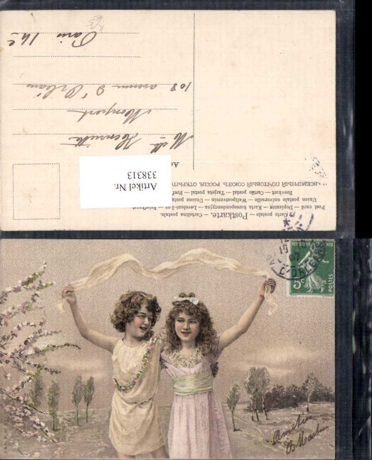 338313,Künstler Ak Kinder m. Stoffband Schleife Landschaft