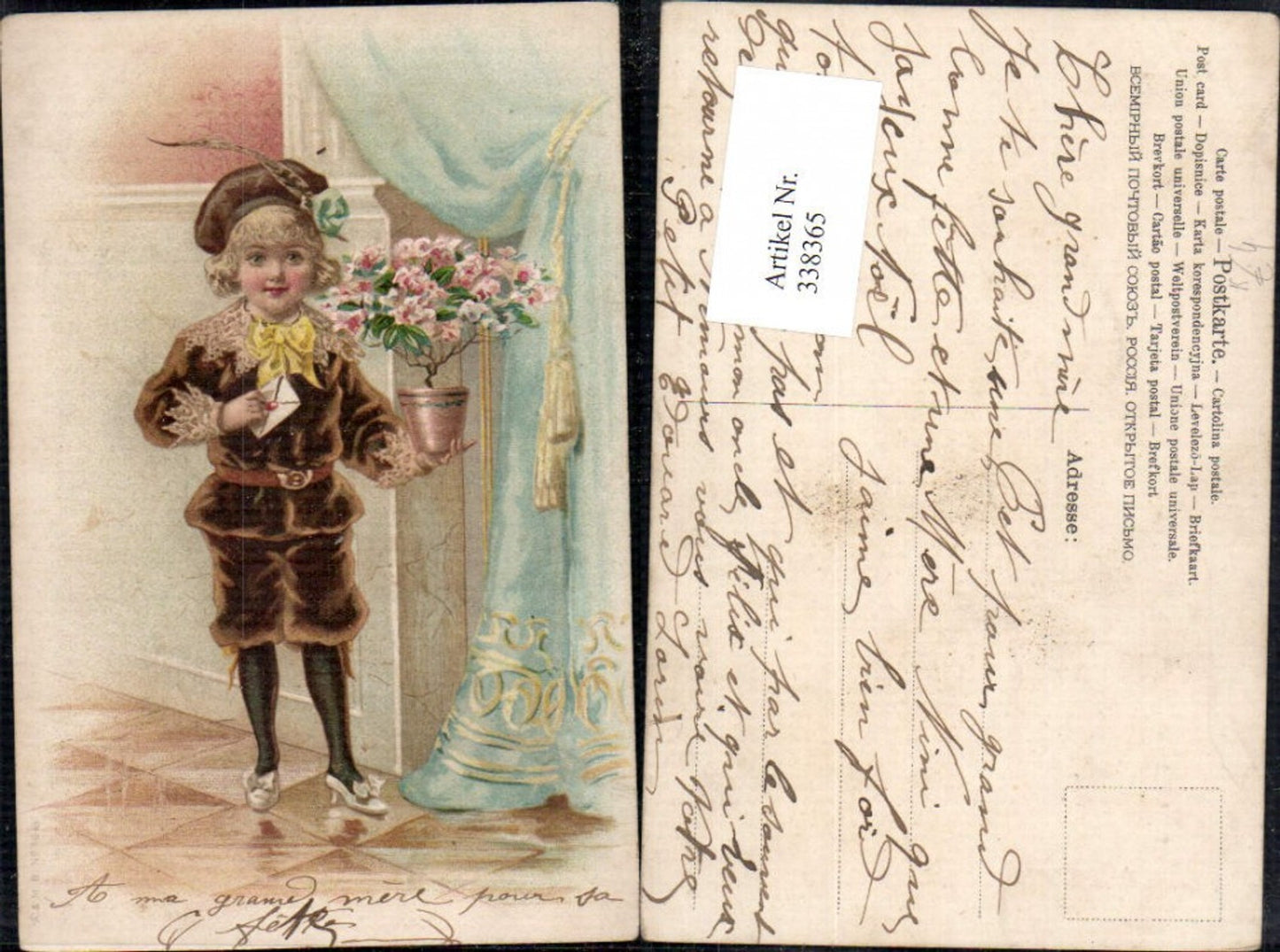 338365,Künstler Ak Kind Bub Junge Brief Kuvert Blumentopf Blumen Hut