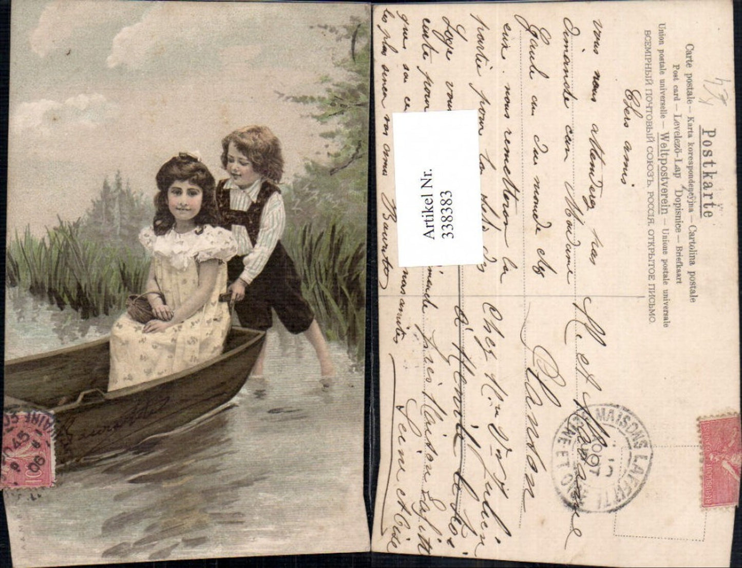 338383,Künstler Ak Kinder Boot Korb