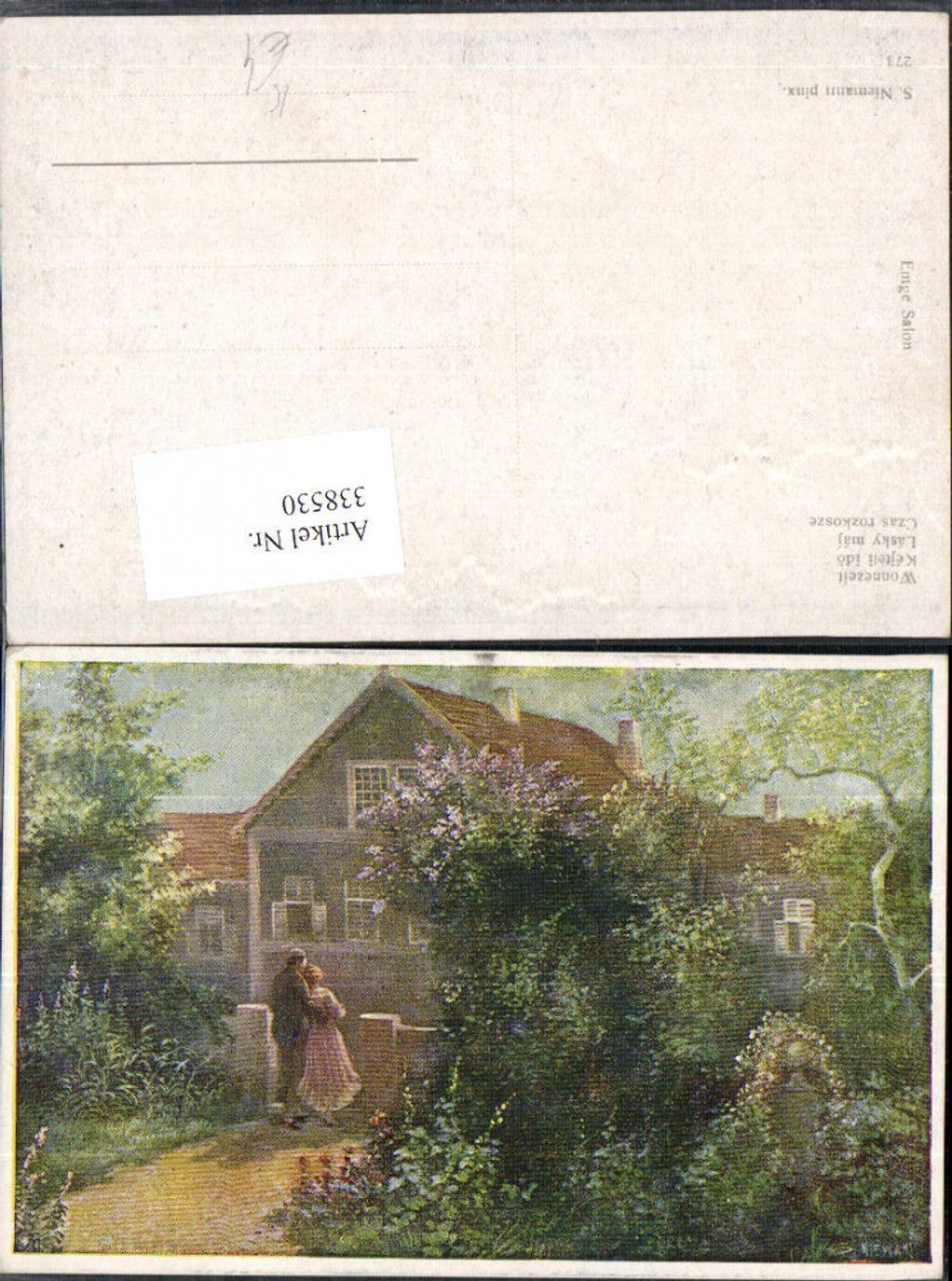 338530,Künstler Ak S. Niemann Wonnezeit Liebe Paar Umarmung b. Garteneingang