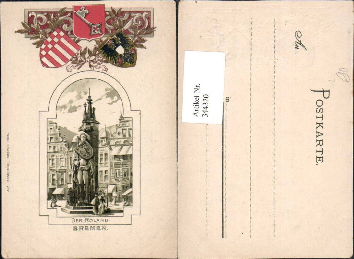 344320,Präge Litho Bremen Der Roland Brunnen Wappen Schlüssel