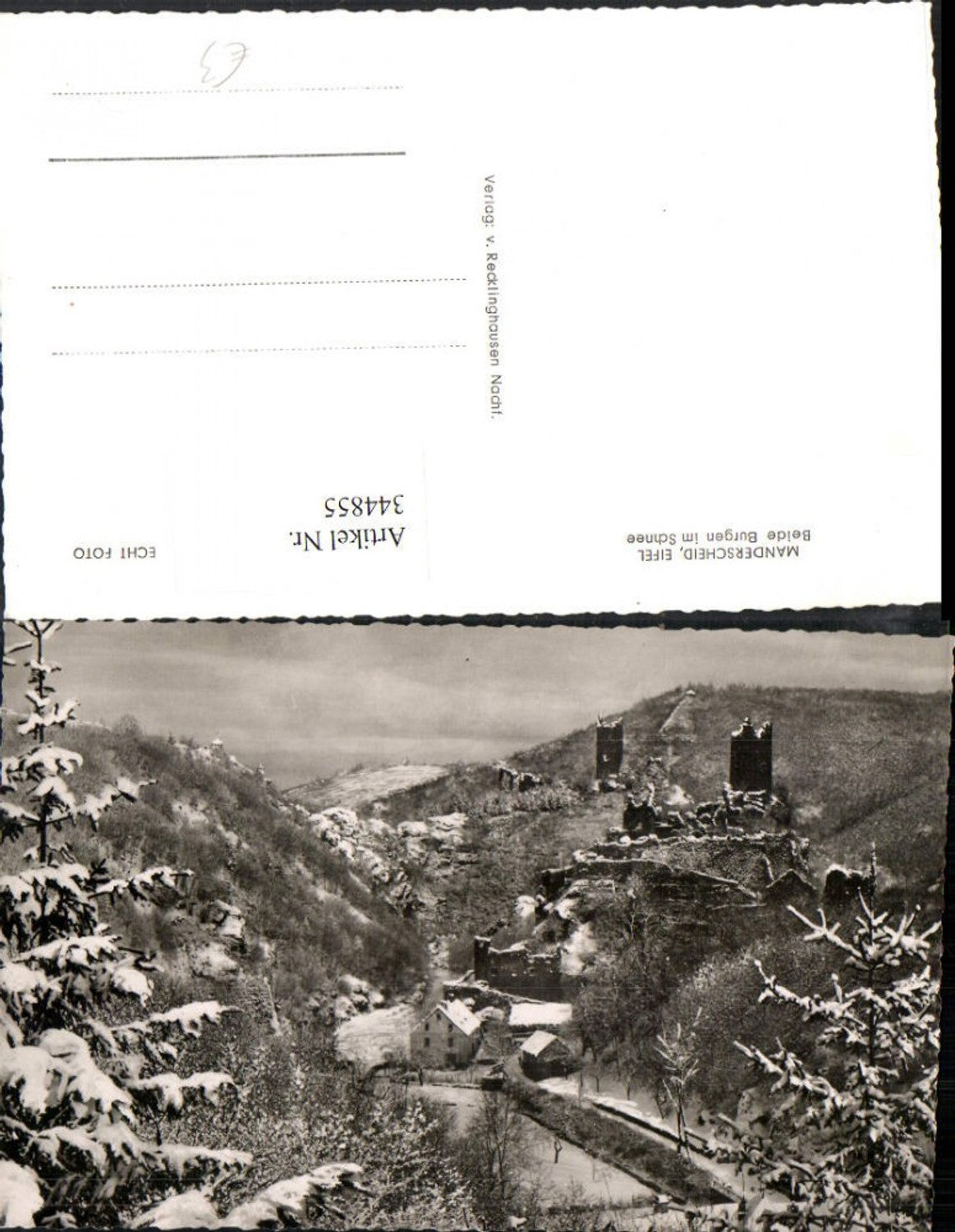 344855, Manderscheid in the Eifel region. Both castles, winter scene.