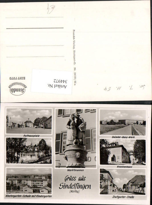 344972, Greetings from Sindelfingen Town Hall Square Hospital Market Fountain School Multi-image postcard