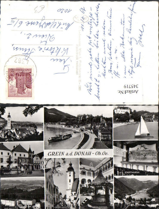 345719, Grein on the Danube, overall view of the town square, castle courtyard, town theater, multi-view map