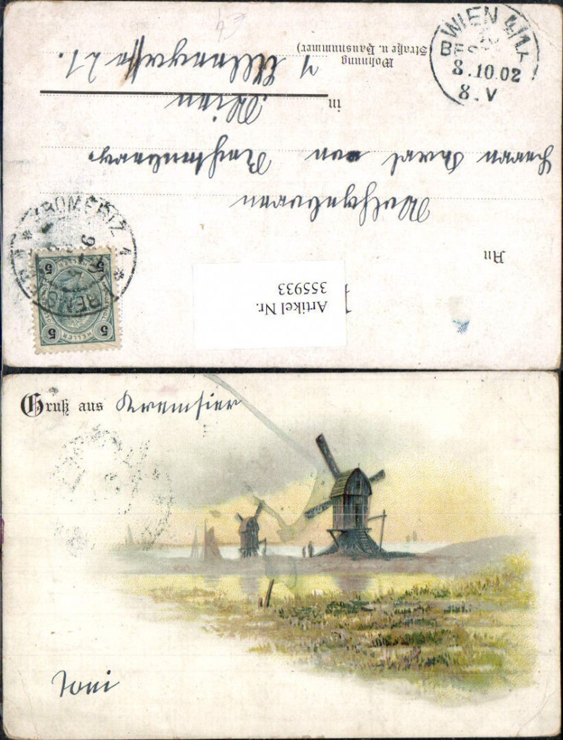 355933, Lithograph Windmills Sailboat Landscape