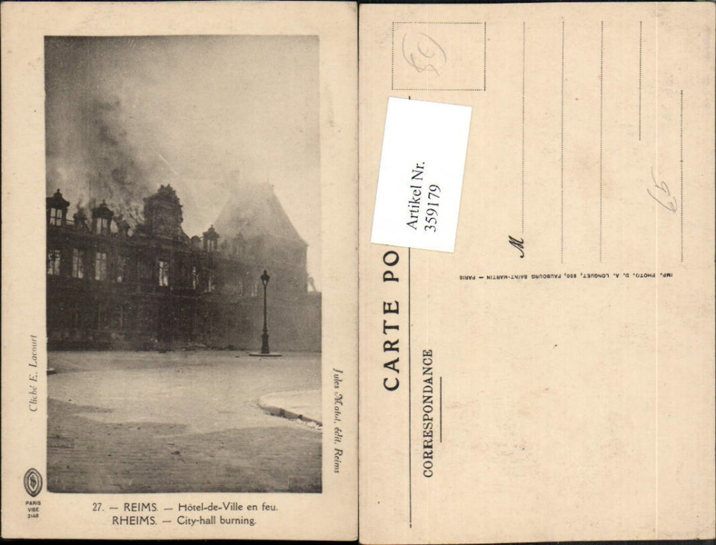 359179,Champagne-Ardenne Marne Reims Hotel-de-Ville en feu Rathaus Feuer Brand