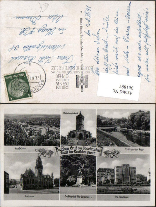 361887,Gruß aus Saarbrücken Totale Wartburg Rathaus Winterbergdenkmal Mehrbildkarte