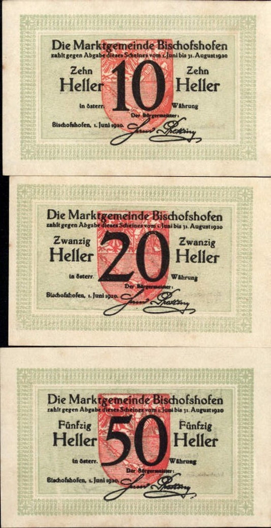 362452,3 banknotes emergency money Bischofshofen Heller 10,20,50