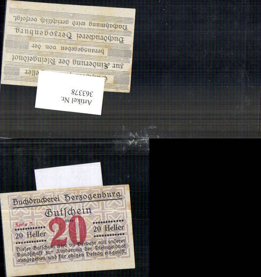 363378, Private emergency money, emergency money printing works Herzogenburg, Series 3, 20 Heller voucher