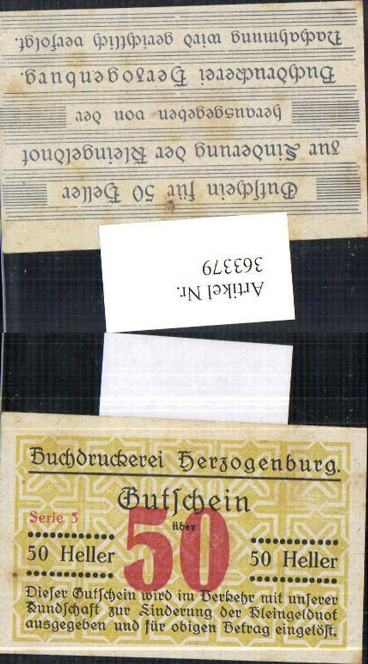 363379, Private emergency money, emergency money printing works Herzogenburg, Series 3, 50 Heller voucher