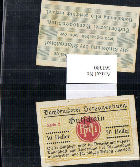 363380, Private emergency money, emergency money printing works Herzogenburg, Series 2, 50 Heller voucher