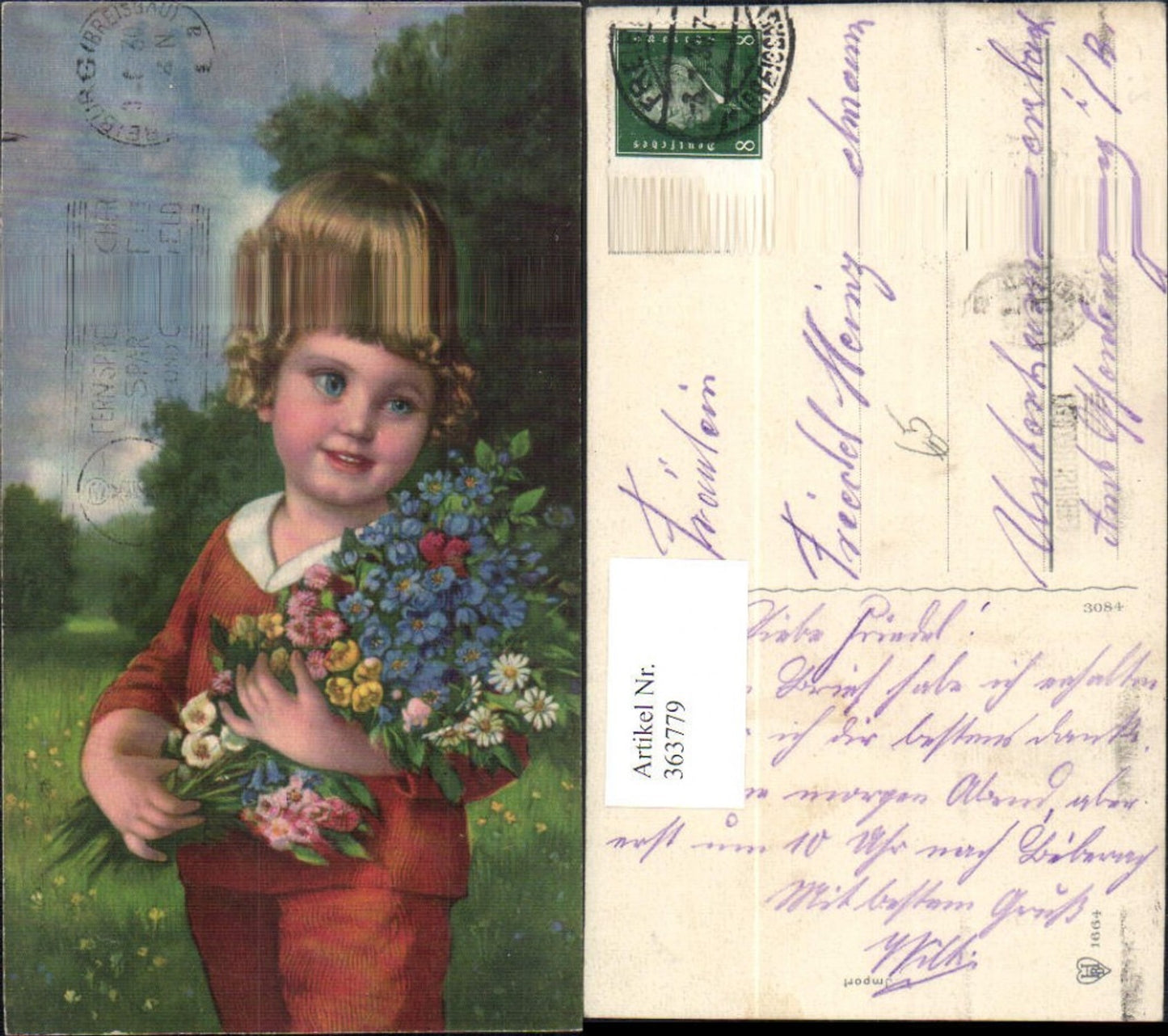 363779,Künstler Ak Kind  Bub Junge m. Blumenstrauß Blumen