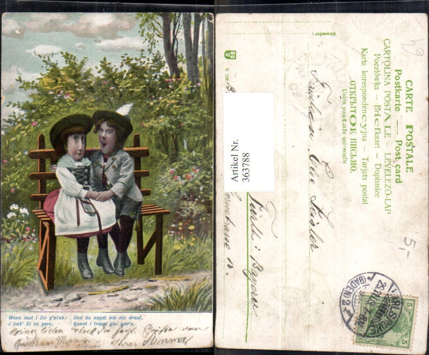 363788,Kinder i. Tracht a. Bank sitzend Hut Federhut Spruch