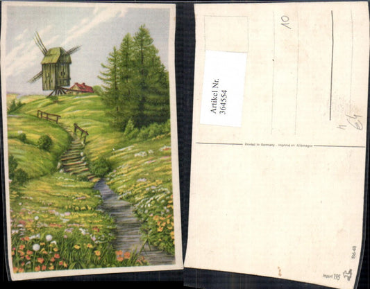 364554, Artist Ak Windmill Landscape Flower Meadow