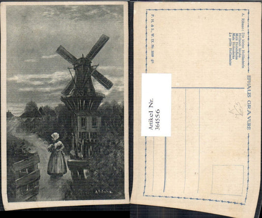 364556, Artist Ak A. Ribano The Little Dutch Girl Windmill Girl Bouquet of Flowers Traditional Costume