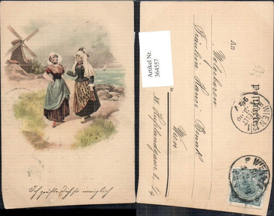 364557, Artist Lithograph Windmill Women in Traditional Dress Sailboat