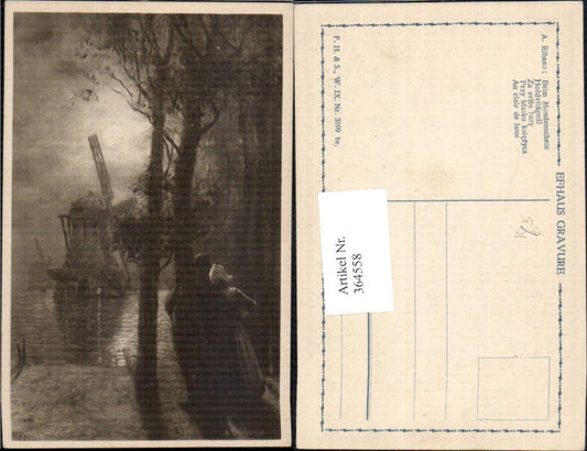 364558, Artist Ak A. Ribano By Moonlight Windmill Couple Love Embrace