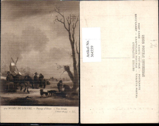 364559, Artist Ak Van Ostade Winter Landscape Windmill Farmers Horse-drawn sleigh Dogs