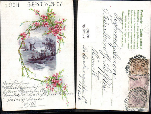 364560, Artist Ak Windmill Passepartout Flowers Flowering Branches