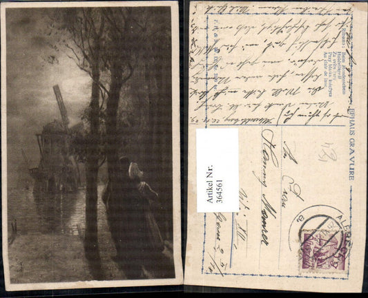 364561, Artist Ak A. Ribano By Moonlight Windmill Couple Love Embrace