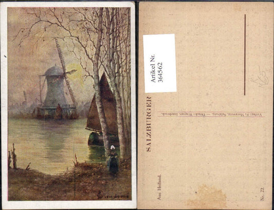 364562, Artist Ak E. Dieudovne Windmill Sailboat From Holland Woman Traditional Costume