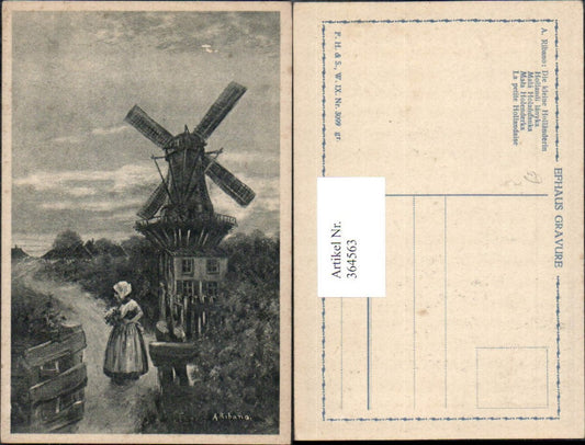 364563, Artist Ak A. Ribano The Little Dutch Girl Windmill Girl Traditional Costume Bouquet