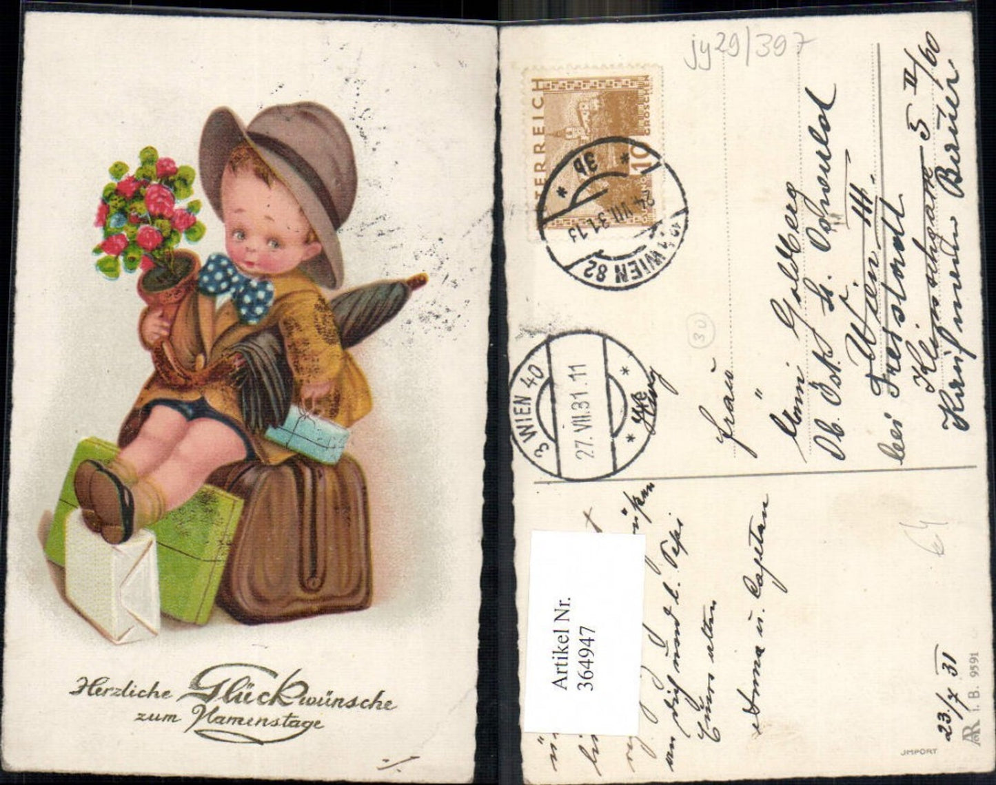 364947,Künstler Ak Kind Bub Junge Koffer Hut Regenschirm Pakete Blumentopf Namenstag