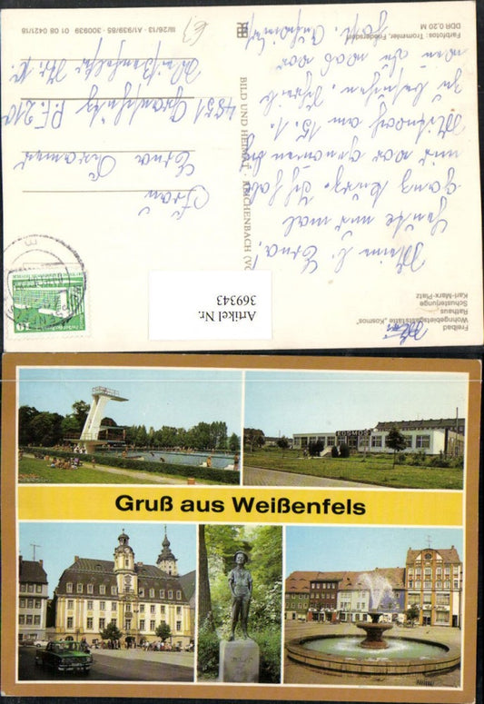 369343, Weißenfels Town Hall Outdoor Swimming Pool Restaurant Kosmos Fountain Statue Multi-view postcard