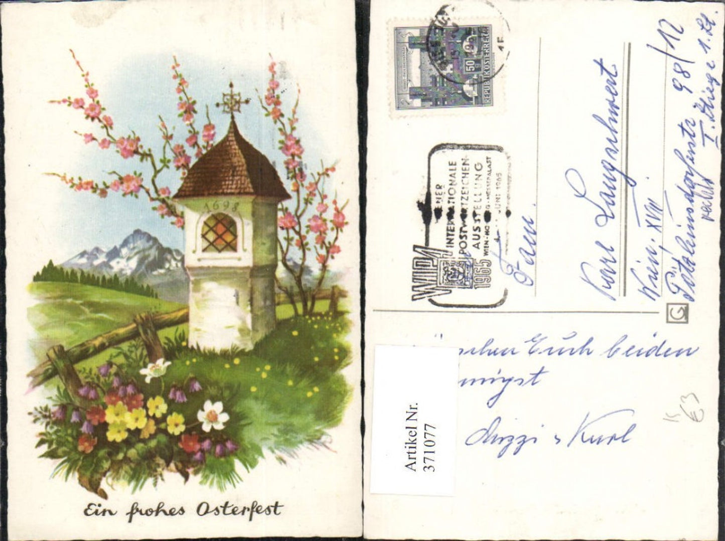 371077, Artist AK Lia Döring Easter Landscape Wayside Shrine Flowers