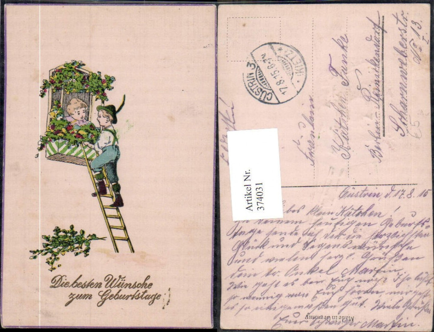 374031,Präge Künstler Ak Kinder Leiter Balkon Geburtstag Goldschrift