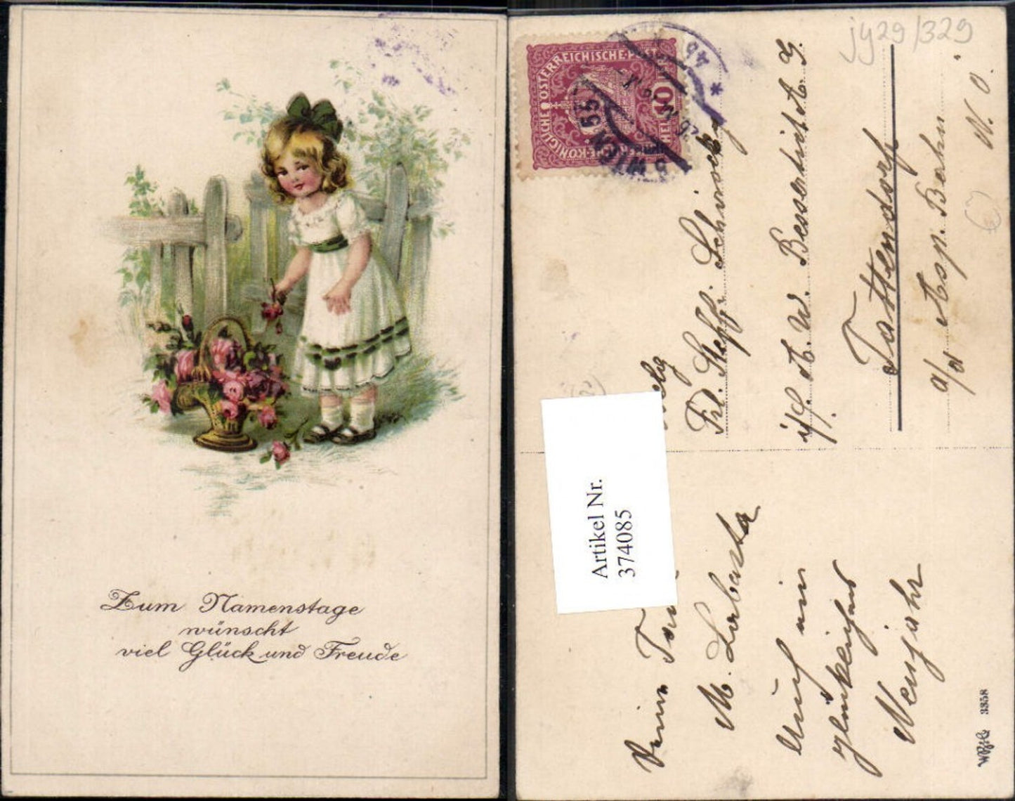 374085,Künstler Ak Kind Mädchen Haarschleife Korb Rosen Blumen Namenstag