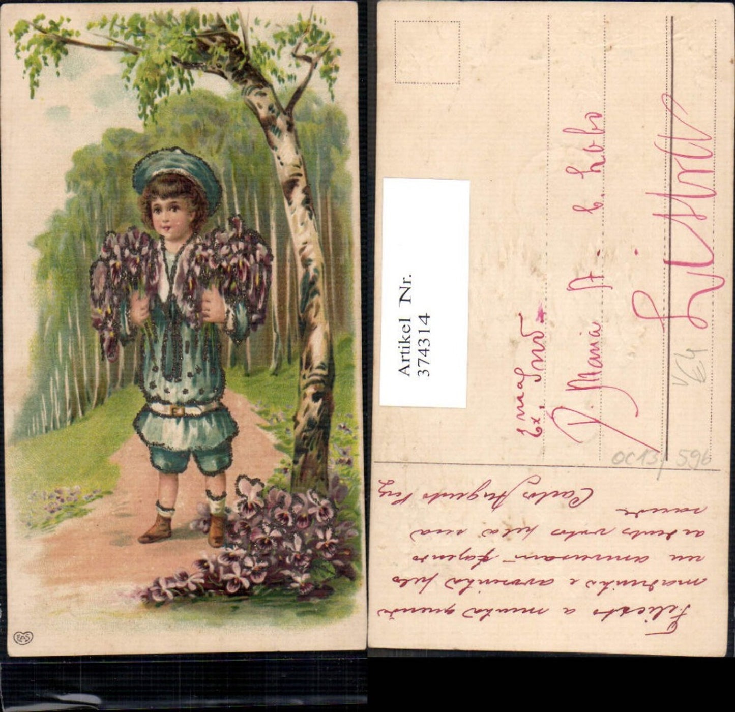 374314,Präge Künstler Ak Kind Bub Junge Uniform Matrosenanzug Blumenstrauß Veilchen pub EAS
