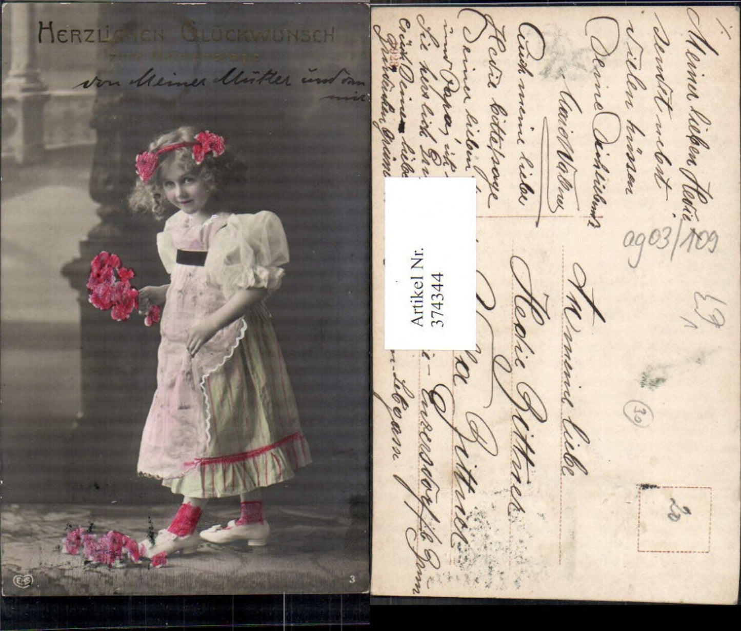 374344,Kind Mädchen Lockenkopf Kleid Rosen Blumen Namenstag Goldschrift pub EAS 3