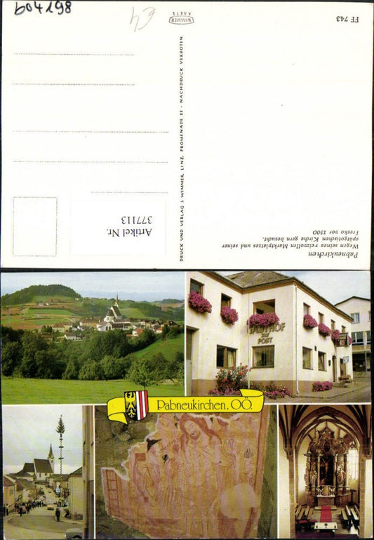 377113, Pabneukirchen Overview: Gasthof zur Post (Post Inn), Market Square, Maypole, Church, Multi-view postcard