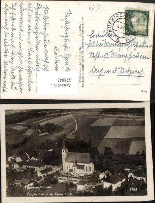 378043, Taufkirchen an d. Pram Partial view of church Aerial photograph