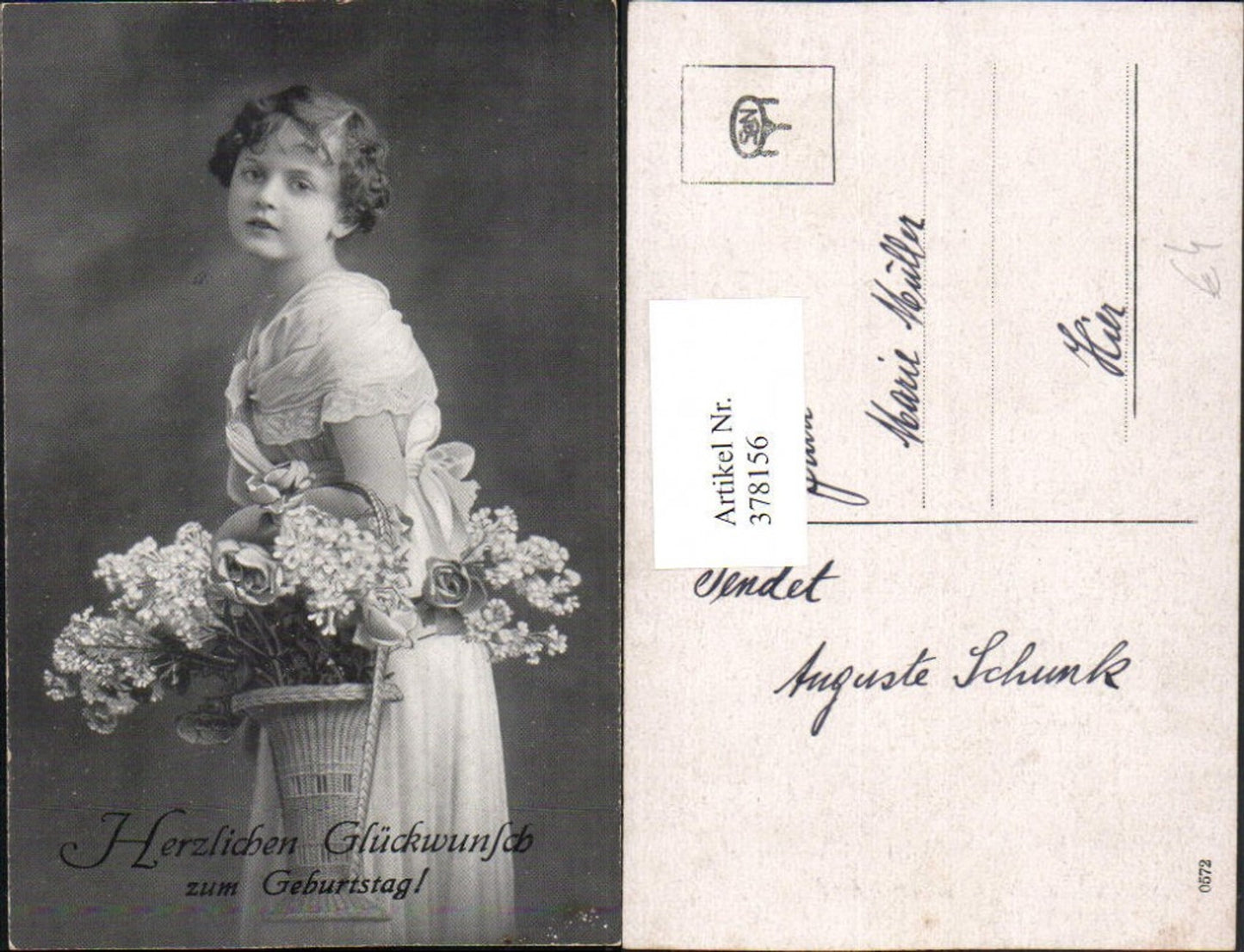 378156,Geburtstag Mädchen m. Kleid Blumenkorb Blumen Rosen