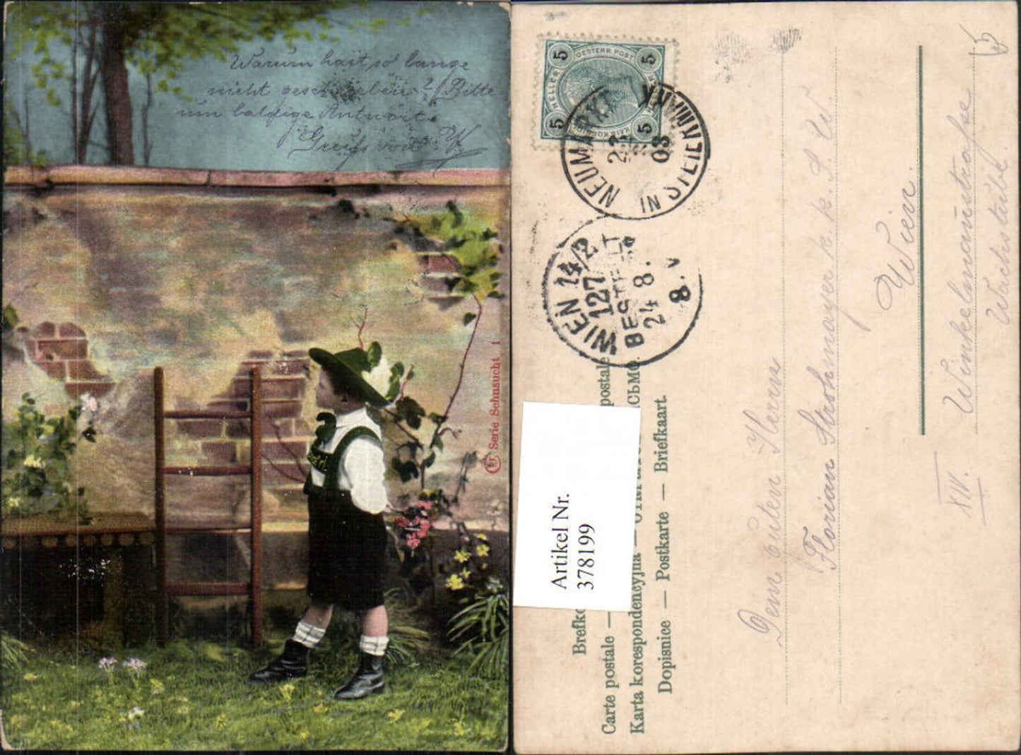 378199,Junge Bub in Tracht Hut Steinmauer Leiter
