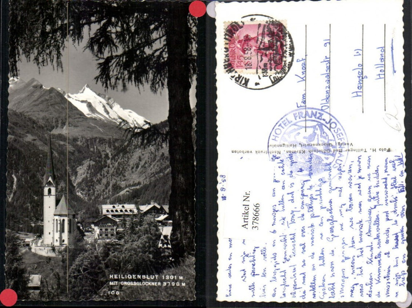 378666, Heiligenblut Partial view of church with Großglockner mountain backdrop