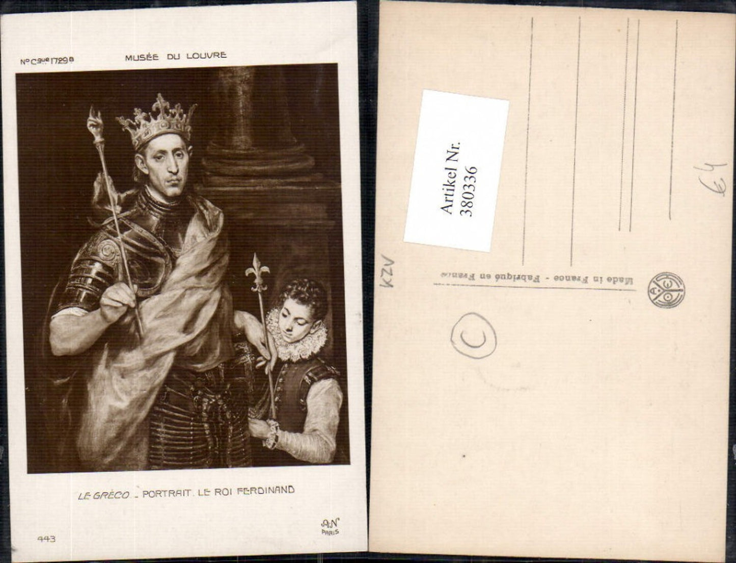 380336,Artist Postcard Le Greco Portrait Le Roi Ferdinand Adel
