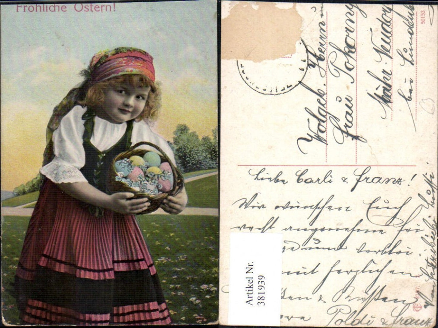 381939,Kind Mädchen Tracht Kopftuch Korb m. Eier Ostereier Ostern