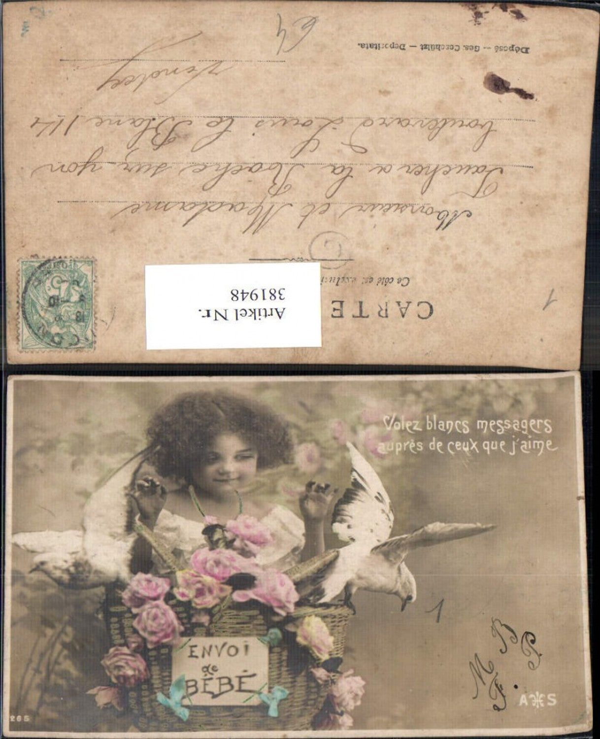 381948,Kind Mädchen Lockenkopf m. Korb Tauben Blumen Rosen Spruch