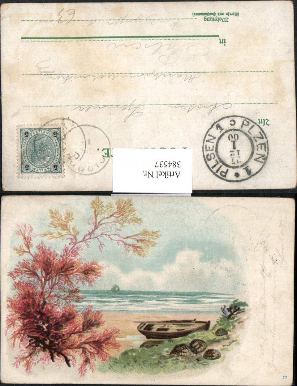 384537.Künstler AK Landschaft Meer Boot Strauch