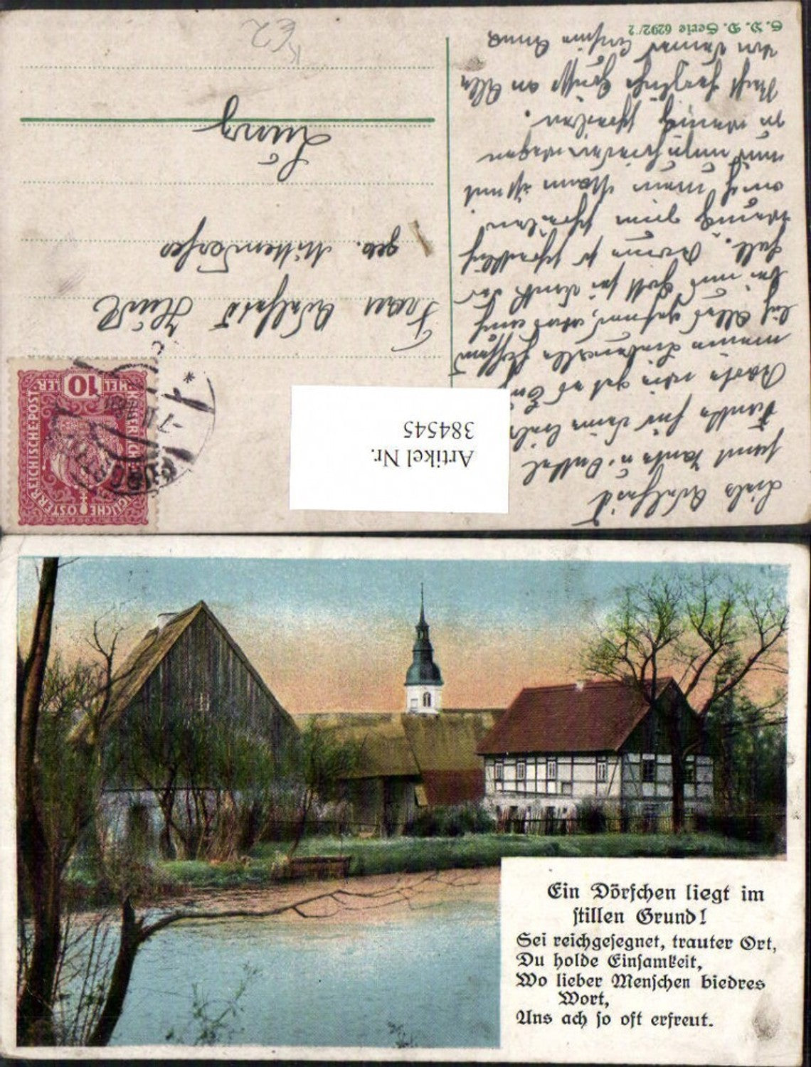 384545.Künstler AK Dorf Teilansicht Kirchenturm Spruch Text