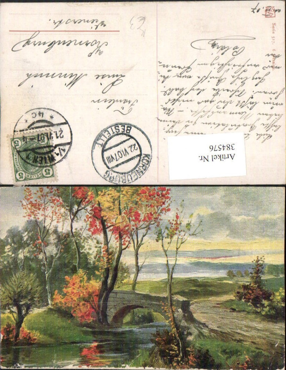 384576.Künstler AK Landschaft Bach Brücke Bäume