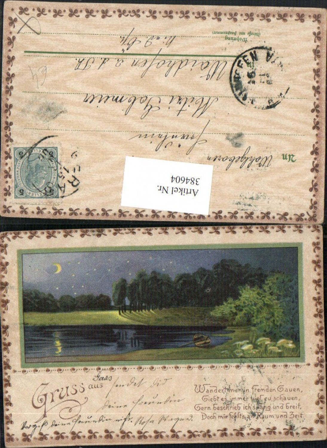 384604.Künstler AK Landschaft Teich Boot Mondschein Passepartout